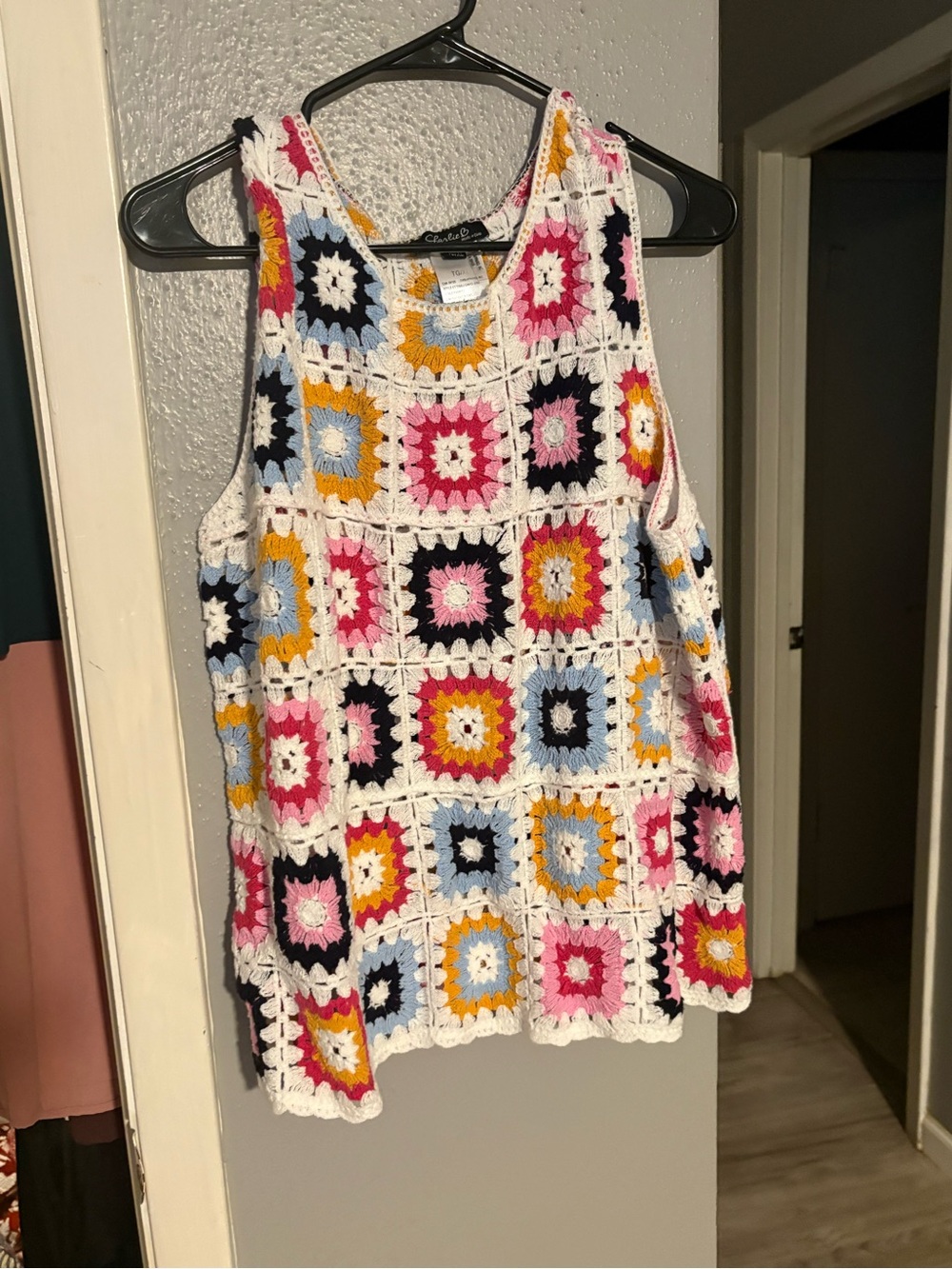 CHARLIE B Multi-Color Crochet Tank Top with White Trim